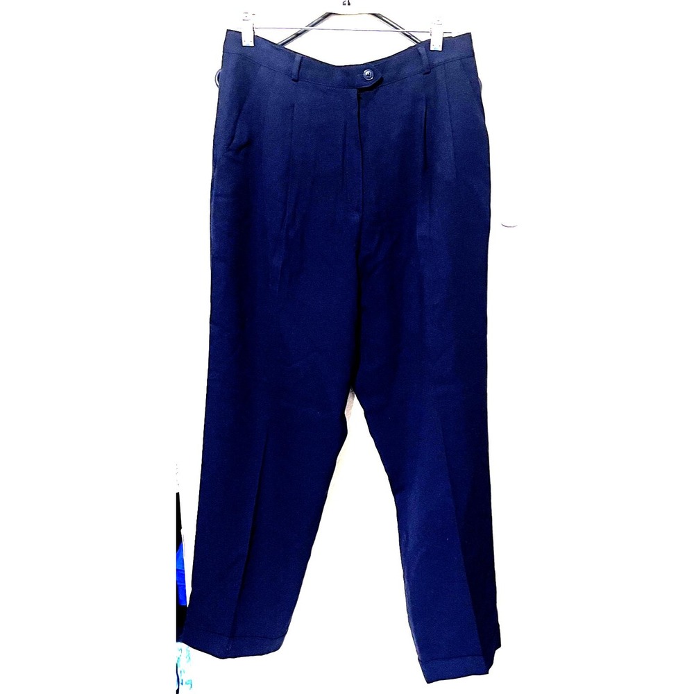 VTG 90s Kasper ASL Petite Navy Blue 100% Wool Pleated Cuffed Trousers Pants